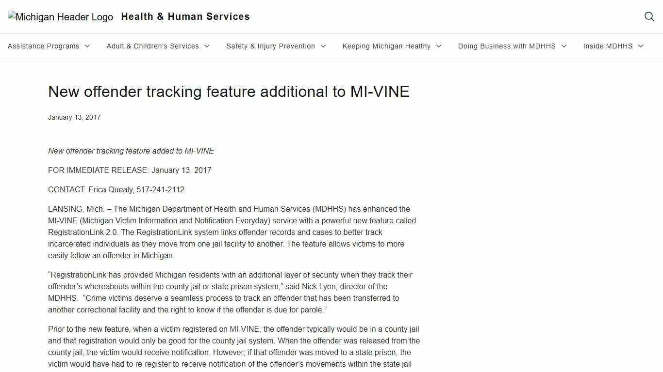 New offender tracking feature additional to MI-VINE